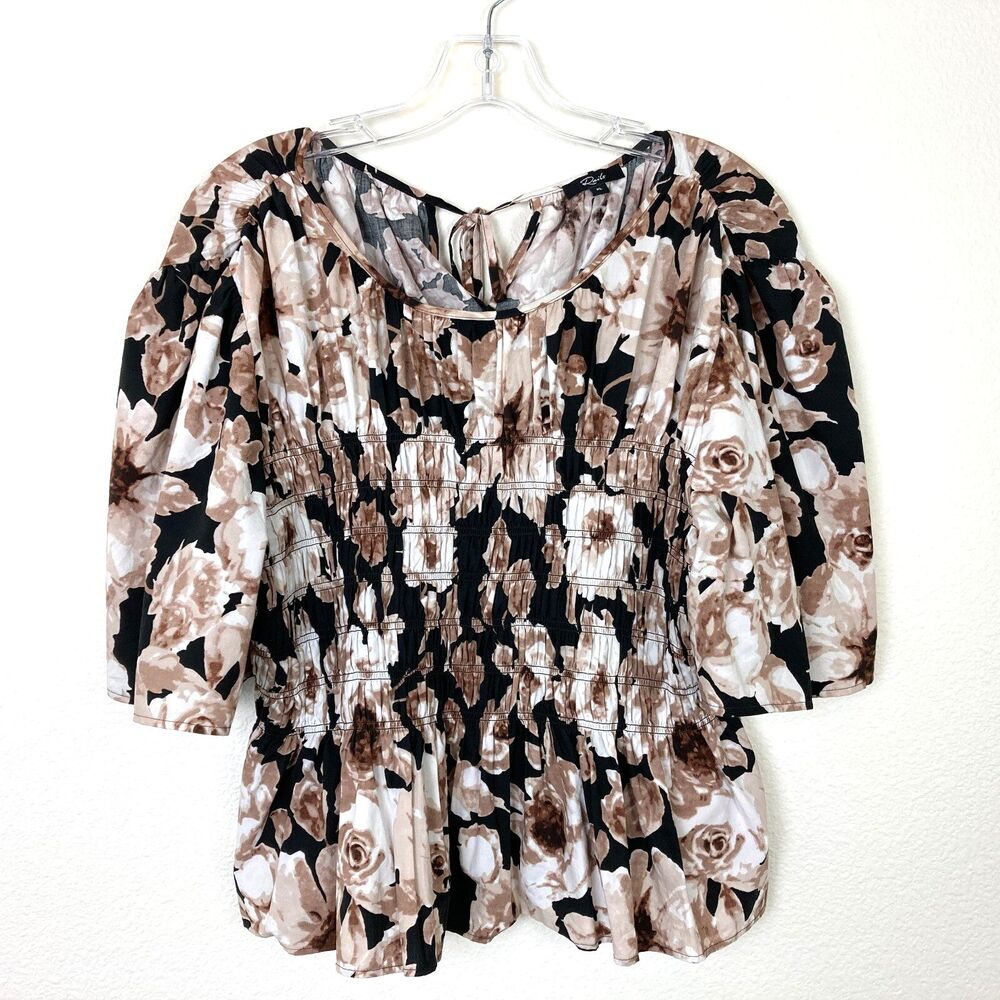 Rails Rosie Short Sleeve Top Size XL Sepia Roses Brown Smocked Peplum - Picture 3 of 11